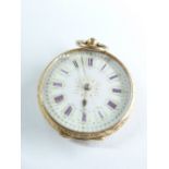 A LADY'S 14CT GOLD FOB WATCH with floral decorated back and pink and gilt decorated dial with