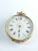 A LADY'S 14CT GOLD FOB WATCH with floral decorated back and pink and gilt decorated dial with