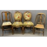 DRAWING ROOM CHAIRS with shield backs and beadwork upholstery, and two other vintage chairs