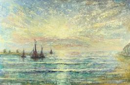 TED DUMMETT oil on board - coastal view with sunset and yachts, entitled verso 'Evening Tide' and