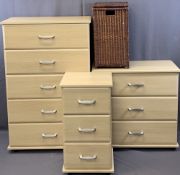 BEDROOM FURNITURE - modern lightwood consisting of five drawer chest, 122cms H, 78cms W, 42cms D,