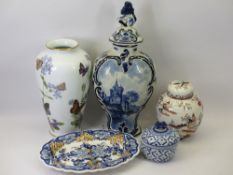 DELFT LIDDED VASE - 43cms tall, Masons ginger jar and other items (A/F)