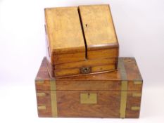 WALNUT WRITING BOX - brass banded with key and tooled interior, 49 x 26cms and a two-door stationery