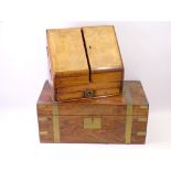 WALNUT WRITING BOX - brass banded with key and tooled interior, 49 x 26cms and a two-door stationery