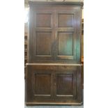19th CENTURY CORNER CUPBOARD - two piece, having two upper and two lower doors all with fielded