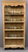 RUSTIC PINE BOOKCASE with carved and scrolled detail, 182 x 85 x 28cms and a set of similar style
