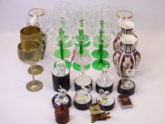 SWAROVSKI TYPE GLASS ORNAMENTS ON STANDS, a vintage 'Trumps' indicator, wine glasses, lighter ETC