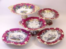 VICTORIAN WINE & GILT DECORATED FRUIT TAZZAS & PLATES, various decorations to the centres