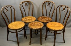 BENTWOOD TYPE CHAIRS, a set of four and a matching stool