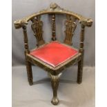 LATE 19TH CENTURY OAK CARVED CORNER HALL CHAIR WITH ARMS, 84cms H, 73cms W, 68cms D