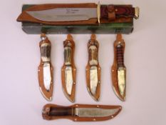 MODERN BOWIE STYLE COLLECTOR'S KNIVES (6) all in tan leather embossed decorated sheaths to include