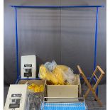 HANGING RAIL ON CASTORS, LARGE THREE RUNG BLUE, 162cms H, 150cms W, 60cms D, two boxes full of 180