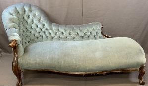 VICTORIAN MAHOGANY CHAISE LONGUE on scrolled arms and supports 86cms H, 200cms W, 93cms D