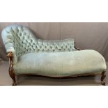 VICTORIAN MAHOGANY CHAISE LONGUE on scrolled arms and supports 86cms H, 200cms W, 93cms D