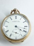 A LADY'S 10CT GOLD WALTHAM KEYWIND FOB WATCH having floral decorated back, white dial and Roman