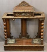 CARVED OAK HALL STAND with drip trays and central drawers, 93cms H, 79cms W, 28cms D, stamped '