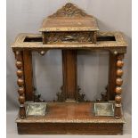 CARVED OAK HALL STAND with drip trays and central drawers, 93cms H, 79cms W, 28cms D, stamped '