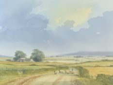 IAN ANTHONY GILLIBRAND watercolour - Droving Sheep on a Country Lane, 36 x 53cms