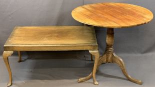 ANTIQUE OAK TILT-TOP TRIPOD TABLE and a walnut rectangular coffee table, 81cms diameter top on a