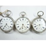 THREE SILVER ENCASED, HALF CASE KEY WIND GENT'S FOB WATCHES, all with white dial, Roman numerals and