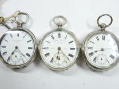 THREE SILVER ENCASED, HALF CASE KEY WIND GENT'S FOB WATCHES, all with white dial, Roman numerals and