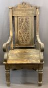 OAK EISTEDDFOD CHAIR DYSERTH 1921 (requiring restoration), 132cms H, 64cms W, 55cms seat depth