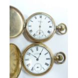 TWO GENT'S ROLLED GOLD FULL CASE WALTHAM POCKET WATCHES, each with white dial, Roman numerals and