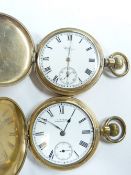 TWO GENT'S ROLLED GOLD FULL CASE WALTHAM POCKET WATCHES, each with white dial, Roman numerals and