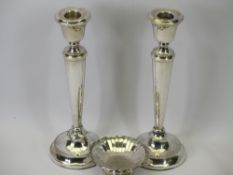 BOODLE & DUNTHORNE SMALL SILVER TRAY and a pair of 1928 silver candlesticks, 23cms H
