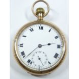 A 9CT GOLD GENT'S POCKET WATCH, Chester 1924, white dial, Roman numerals, sweep seconds dial, 98grms