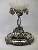 EPNS EPERGNE in the form of a tree with opaque glass bowl on a four footed mirrored stand, 50cms