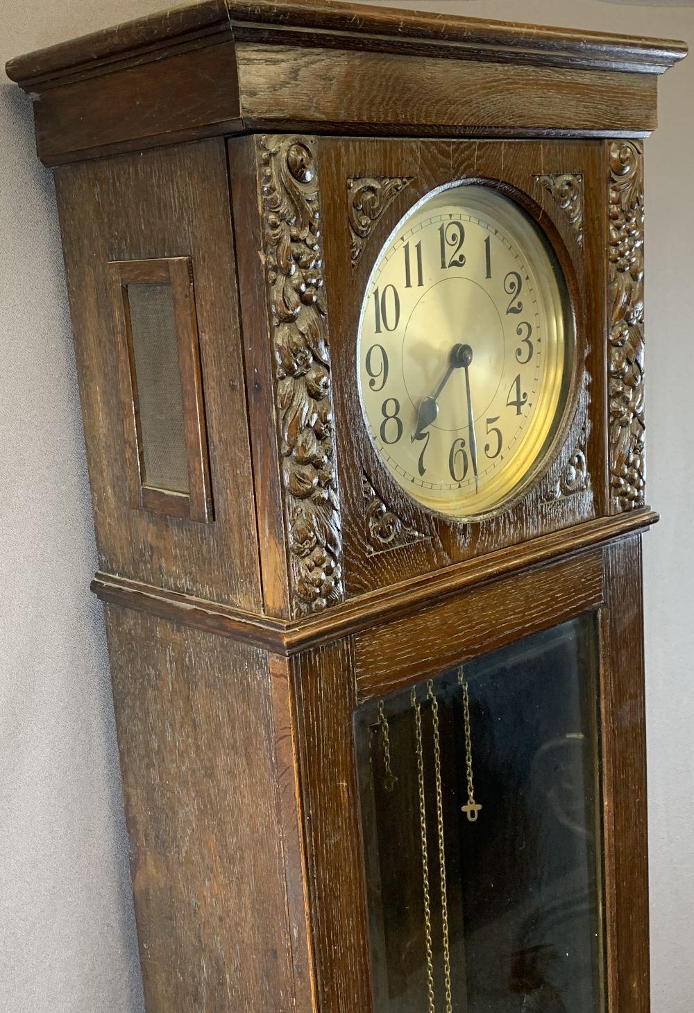 EARLY 20TH CENTURY CARVED LONGCASE CLOCK with silvered circular dial, twin weight, pendulum driven - Image 3 of 14