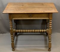 LATE 19TH CENTURY OAK SIDE TABLE with bobbin legs and single drawer, 72cms H, 89cms W, 59cms D