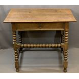 LATE 19TH CENTURY OAK SIDE TABLE with bobbin legs and single drawer, 72cms H, 89cms W, 59cms D