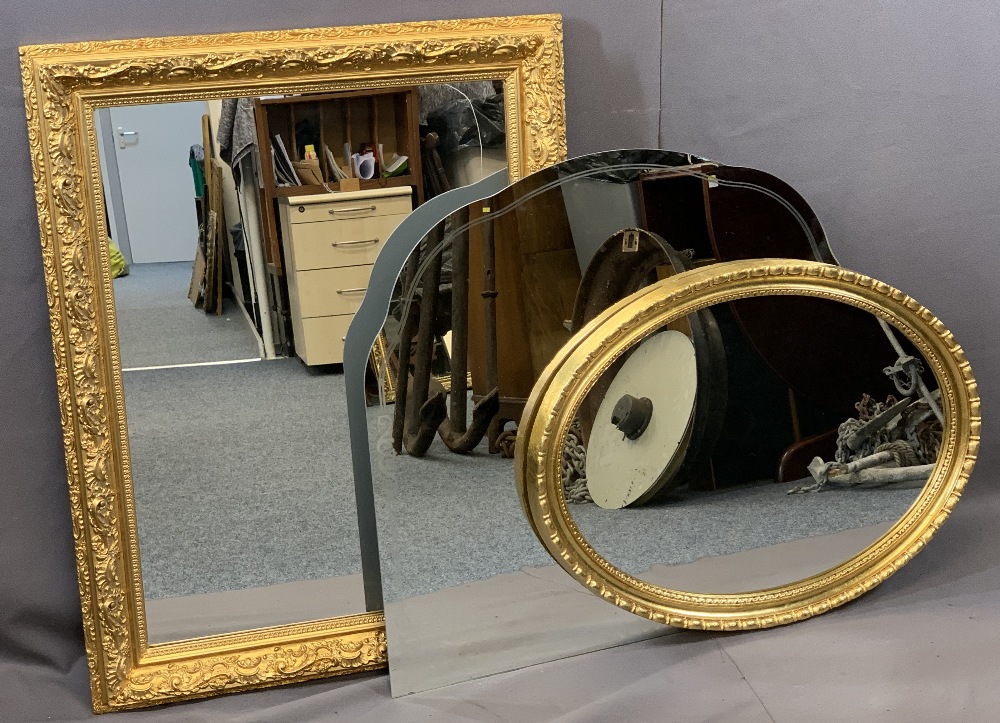 MIRRORS - well-presented gilt frame oblong, 74 x 94cms, an oval, 76 x 56cms, and an unframed