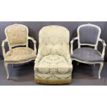 FRENCH STYLE ELBOW CHAIRS in cream colour (2), 86cms H, 60cms W, 47cms seat depth and an upholstered
