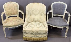 FRENCH STYLE ELBOW CHAIRS in cream colour (2), 86cms H, 60cms W, 47cms seat depth and an upholstered