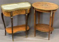 FRENCH, KINGWOOD STYLE 2 TIER TABLE with shaped marble top and brass gallery, single drawer and base