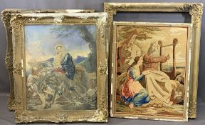 LARGE ANTIQUE GILT PICTURE FRAMES two with embroidered type tapestries, 87 x 100cms measurements the