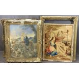 LARGE ANTIQUE GILT PICTURE FRAMES two with embroidered type tapestries, 87 x 100cms measurements the