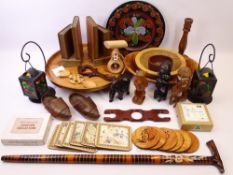 TREEN - an assortment including turned bowls, ebony elephants, book ends and other items