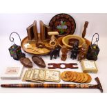 TREEN - an assortment including turned bowls, ebony elephants, book ends and other items