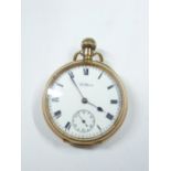 A GENT'S 9CT GOLD WALTHAM POCKET WATCH, Chester 1908, white dial, Roman numerals, sweep seconds