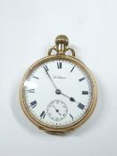 A GENT'S 9CT GOLD WALTHAM POCKET WATCH, Chester 1908, white dial, Roman numerals, sweep seconds