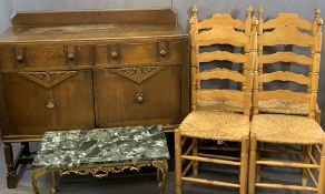 VINTAGE OAK RAILBACK SIDEBOARD and four rush seated ladderback pine chairs with a marble top gilt