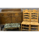 VINTAGE OAK RAILBACK SIDEBOARD and four rush seated ladderback pine chairs with a marble top gilt