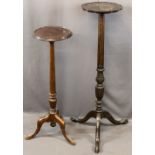MAHOGANY PLANTER STANDS with circular tops on a tripod base (2), 108cms H, 30cms D the largest,