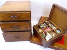 BOXES - pitch pine cabinet, a mahogany writing slope and a workbox with haberdashery contents