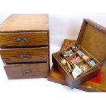 BOXES - pitch pine cabinet, a mahogany writing slope and a workbox with haberdashery contents