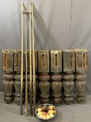 VICTORIAN BILLIARD TABLE LEGS (7), quantity of billiard balls and associated cues, the 80cms H